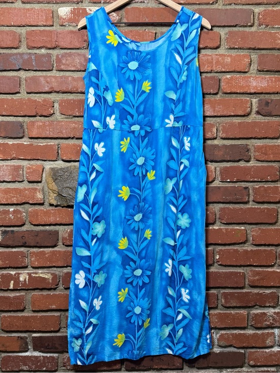 Jams World Dresses & Skirts - Vintage 90s Jams World Dress Womens small Blue Midi Floral Blue Pockets FLAWED
